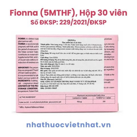Fionna (5-MTHF) – Bổ sung acid folic (vitamin B9) dạng hoạt tính, hộp 30 viên