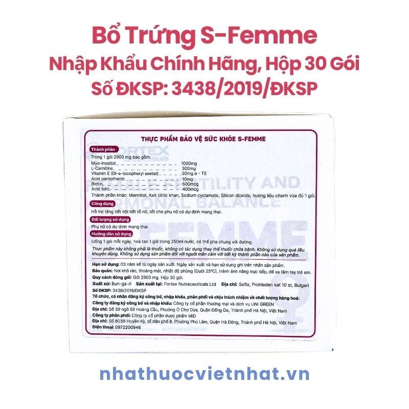 S Femme - Hỗ trợ cải thiện sức khoẻ sinh sản (bổ trứng) cho nữ, hộp 30 gói, nhập khẩu Châu ÂU