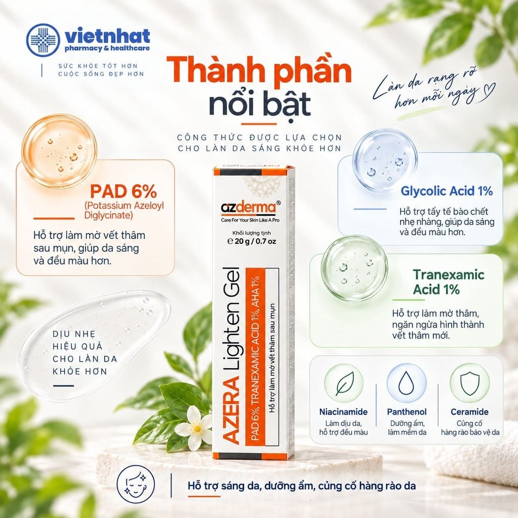 Azera Lighten Gel 20g - Gel dưỡng hỗ trợ giảm thâm sau mụn, cấp ẩm sáng da