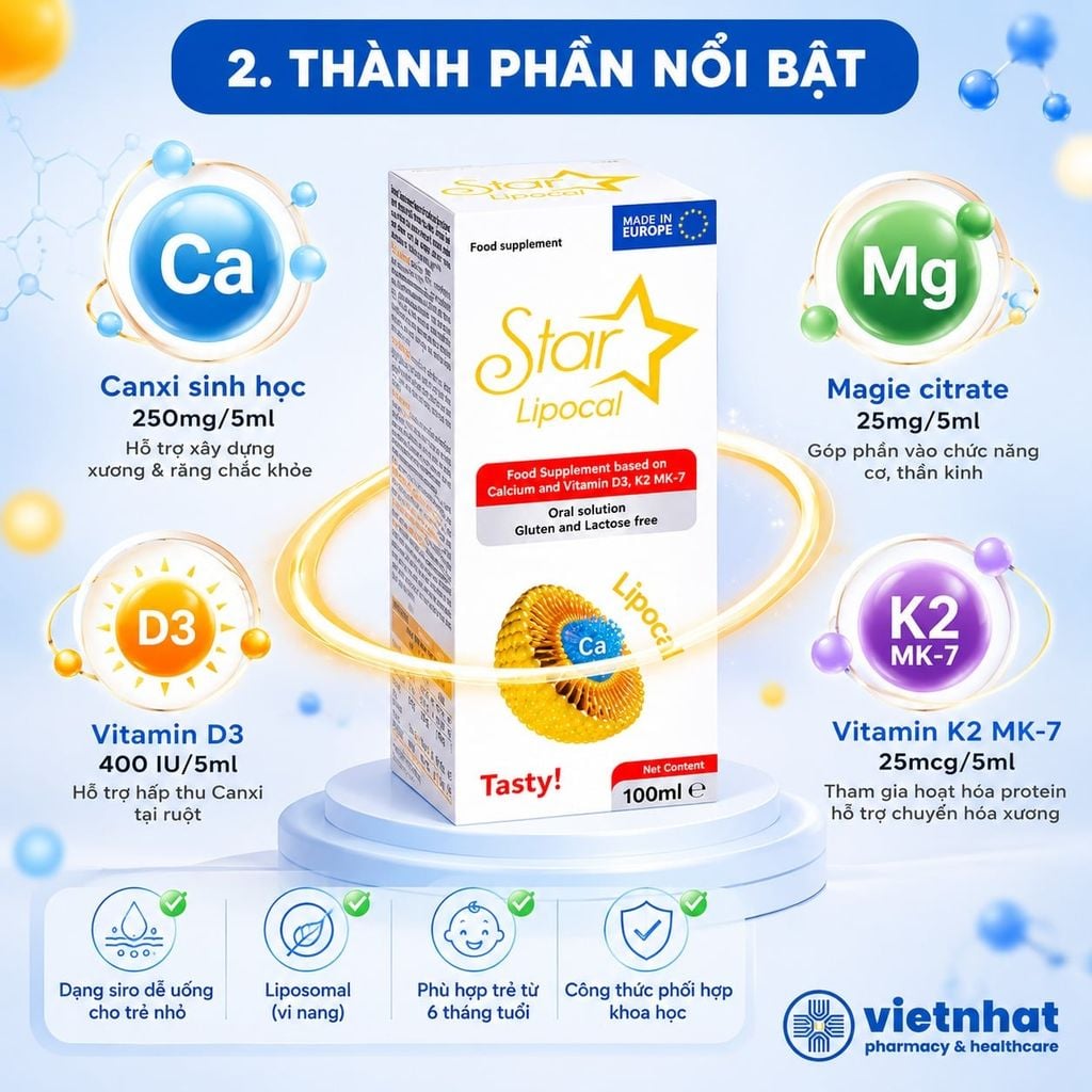 Star Lipocal: Bổ sung Canxi sinh học và Vitamin D3 K2 MK7 cho trẻ từ 6 tháng tuổi, chai 100ml