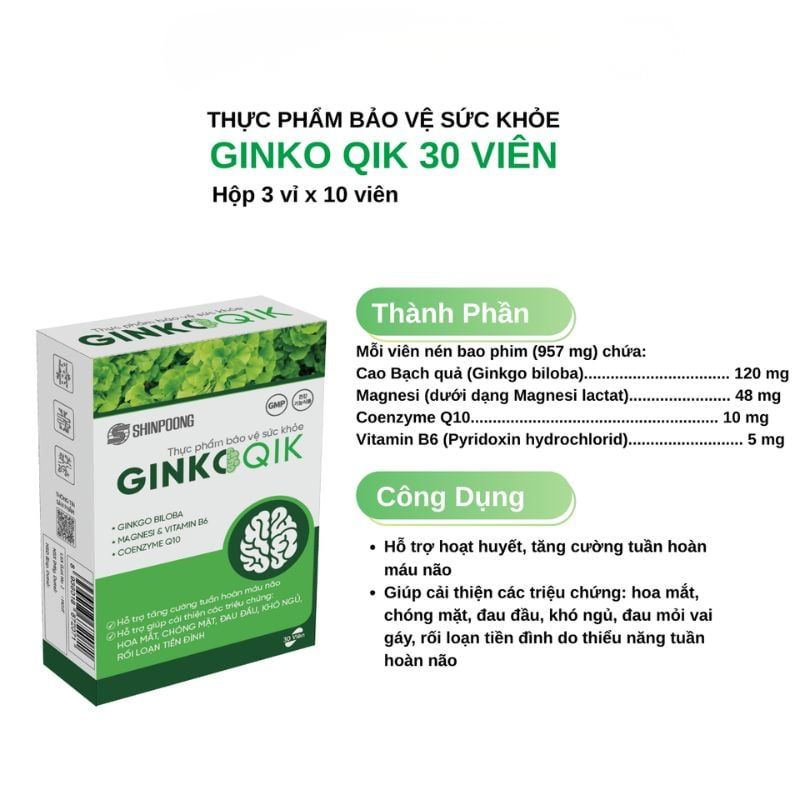 Viên uống bổ não GINKOQIK - Hỗ trợ hoạt huyết, tăng cường tuần hoàn máu não, Hộp 30 viên