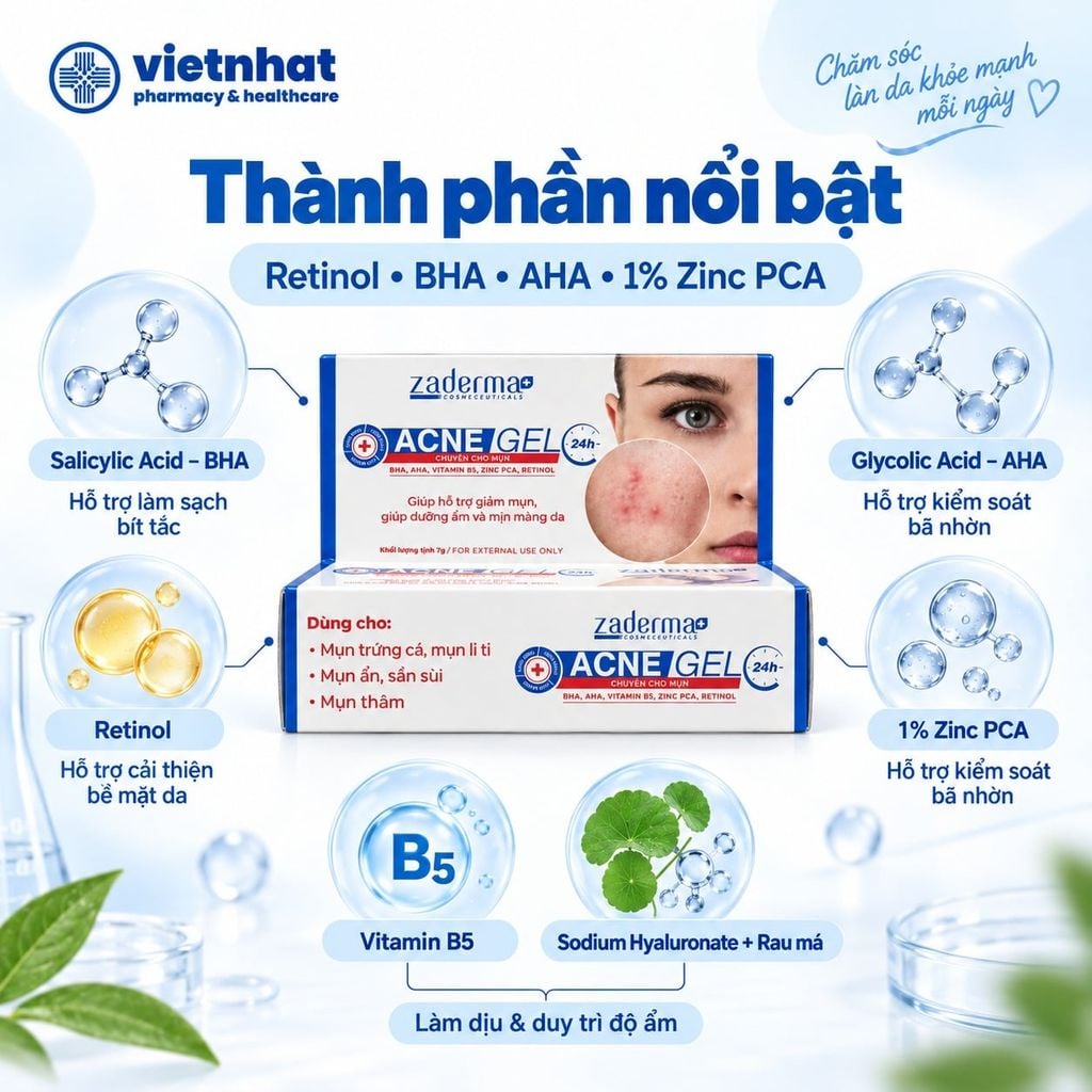 Zaderma Acne Gel 24h Tuýp 7g - Hỗ trợ ngăn ngừa mụn, giảm mụn, mờ thâm