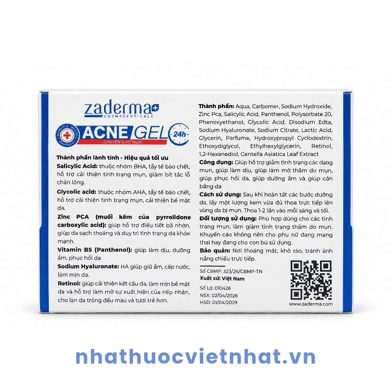 Zaderma Acne Gel 24h Tuýp 7g - Hỗ trợ ngăn ngừa mụn, giảm mụn, mờ thâm