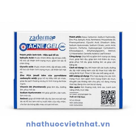 Zaderma Acne Gel 24h Tuýp 7g - Hỗ trợ ngăn ngừa mụn, giảm mụn, mờ thâm