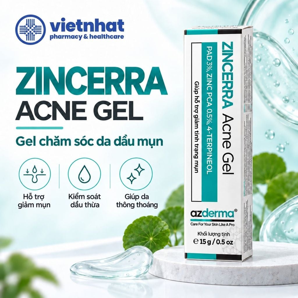 Zincerra Acne Gel 15g - Gel hỗ trợ giảm mụn sưng viêm, ngăn ngừa mụn