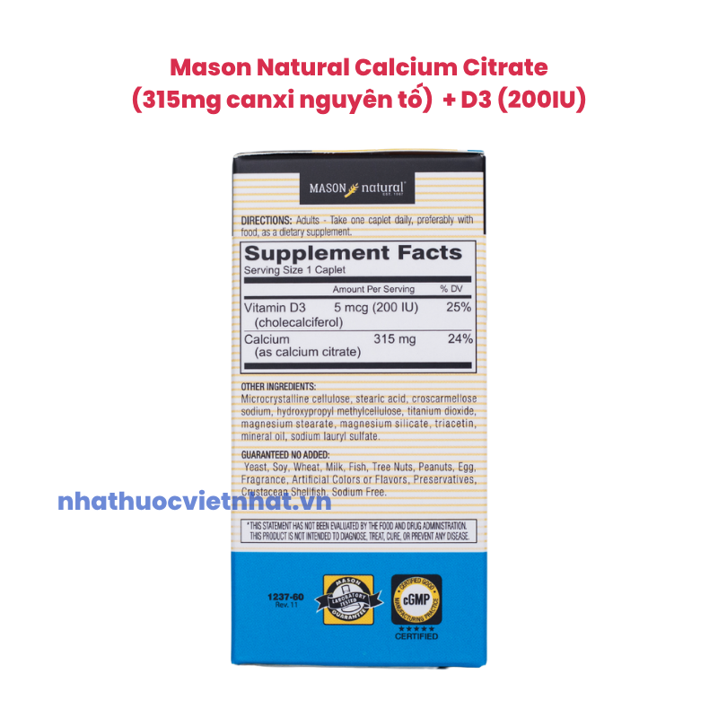 Mason Natural Calcium Citrate + D3 — Bổ Sung Canxi Hữu Cơ Mỹ Chính Hãng Từ Mỹ, lọ 60 viên