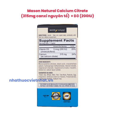 Mason Natural Calcium Citrate + D3 — Bổ Sung Canxi Hữu Cơ Mỹ Chính Hãng Từ Mỹ, lọ 60 viên