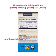 Mason Natural Calcium Citrate + D3 — Bổ Sung Canxi Hữu Cơ Mỹ Chính Hãng Từ Mỹ, lọ 60 viên