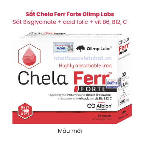 Sắt Chela Ferr Forte - Bổ sung Sắt Bisglycinate + Folic + B12 + C cho bà bầu và người thiếu máu, hộp 30 viên