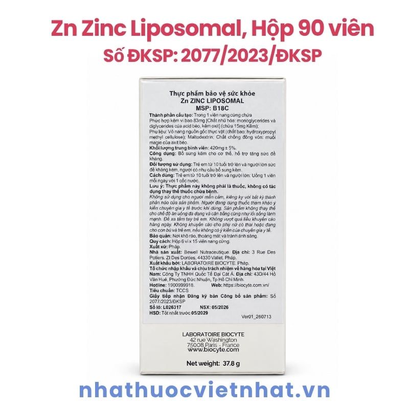 Zn Zinc Liposomal - Bổ sung kẽm cho người lớn và trẻ từ 10 tuổi trở lên, hộp 90 viên