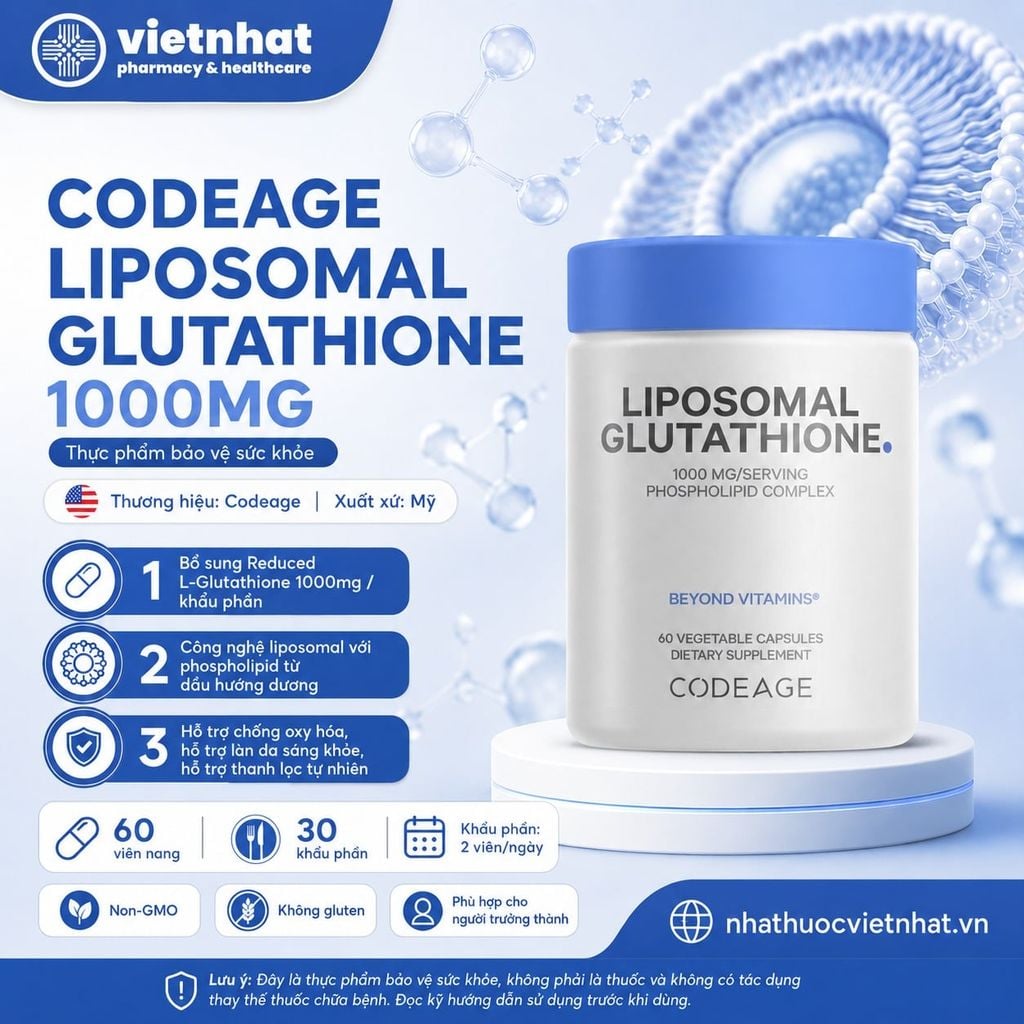 Codeage Liposomal Glutathione 1000mg - Hỗ trợ chống oxy hóa, giúp da sáng khỏe, hộp 60 viên