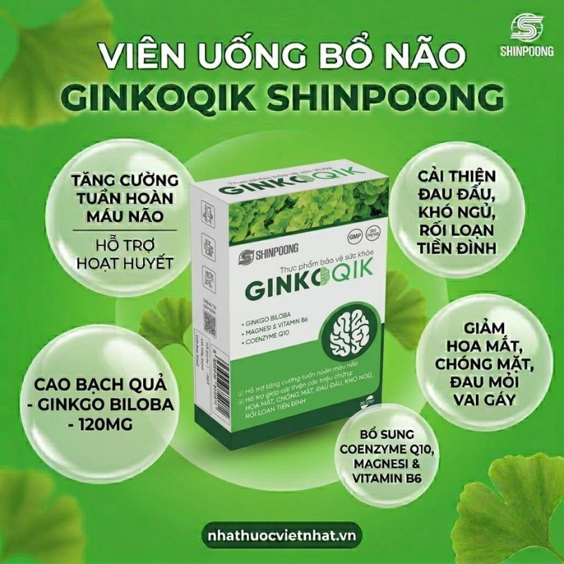 Viên uống bổ não GINKOQIK - Hỗ trợ hoạt huyết, tăng cường tuần hoàn máu não, Hộp 30 viên