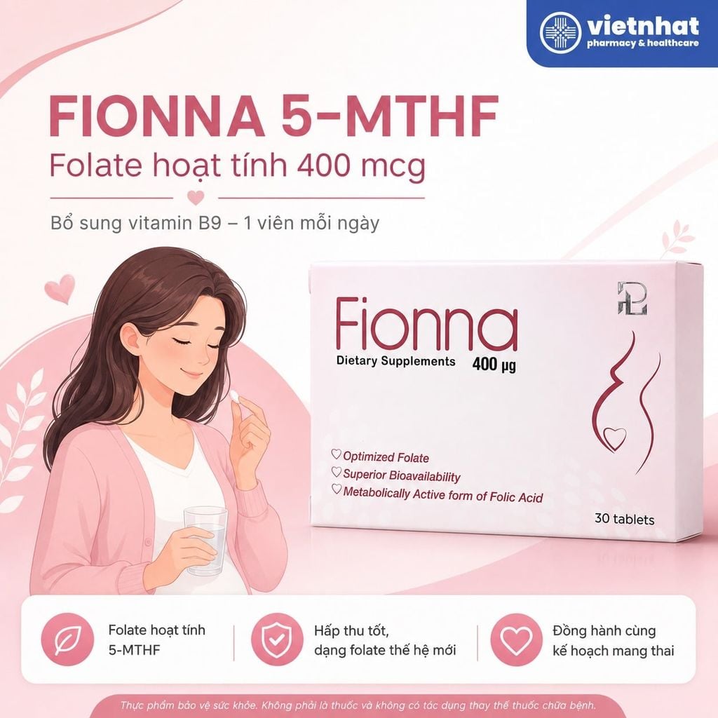 Fionna (5-MTHF) – Bổ sung acid folic (vitamin B9) dạng hoạt tính, hộp 30 viên