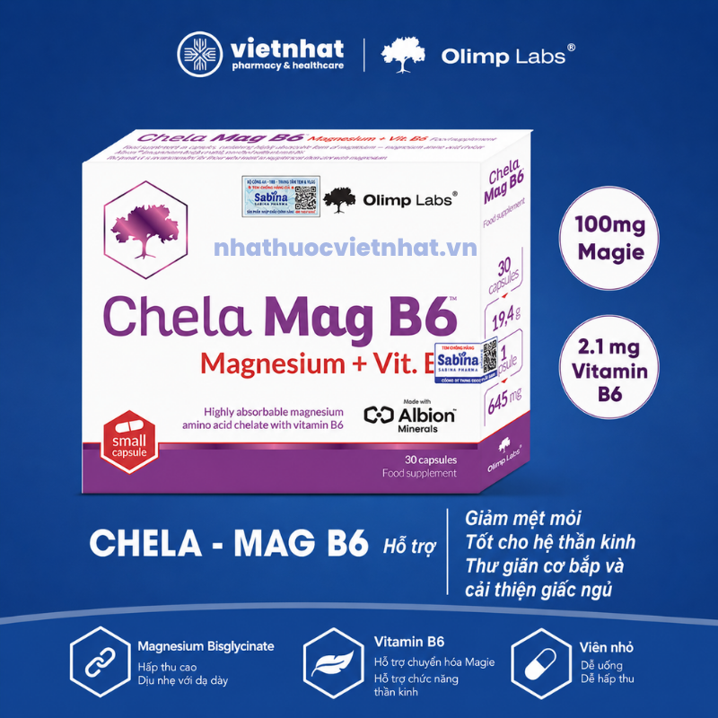 Chela Mag B6 — Magnesium Bisglycinate + B6 cho người lớn tuổi, Olimp Labs Ba Lan, hộp 30 viên