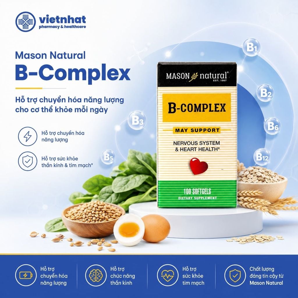 B-Complex Mason Natural - Viên uống bổ sung vitamin nhóm B cho người trưởng thành, Lọ 100 viên