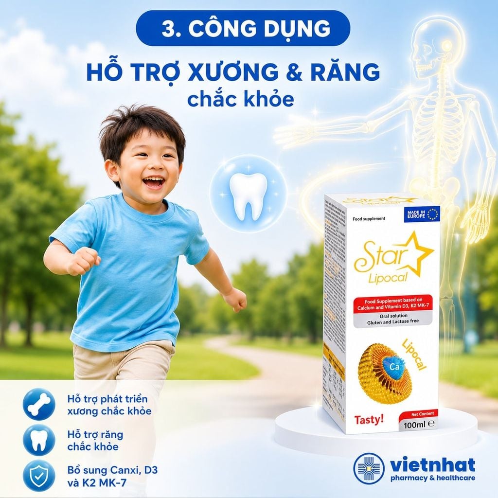 Star Lipocal: Bổ sung Canxi sinh học và Vitamin D3 K2 MK7 cho trẻ từ 6 tháng tuổi, chai 100ml