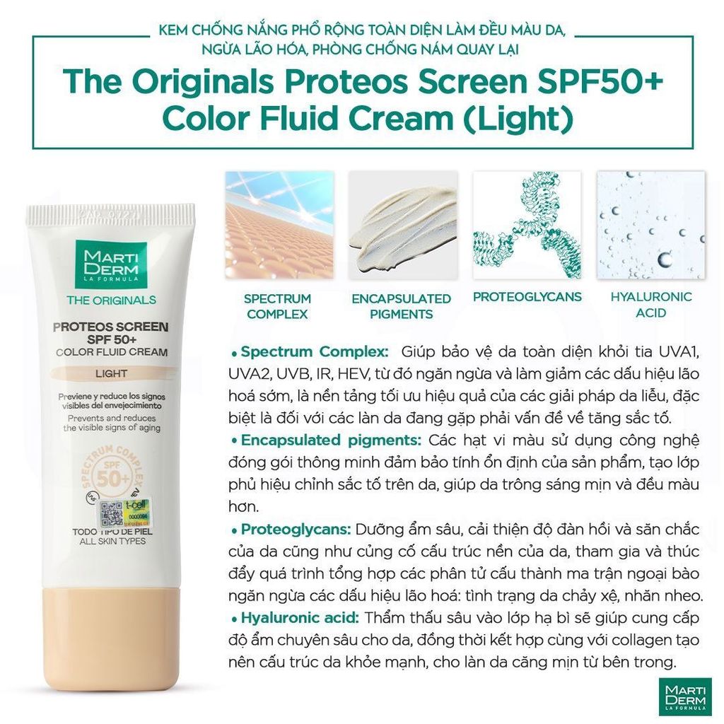 Kem Chống Nắng Martiderm Proteos Screen SPF 50 Color Fluid Cream 40ml #Light