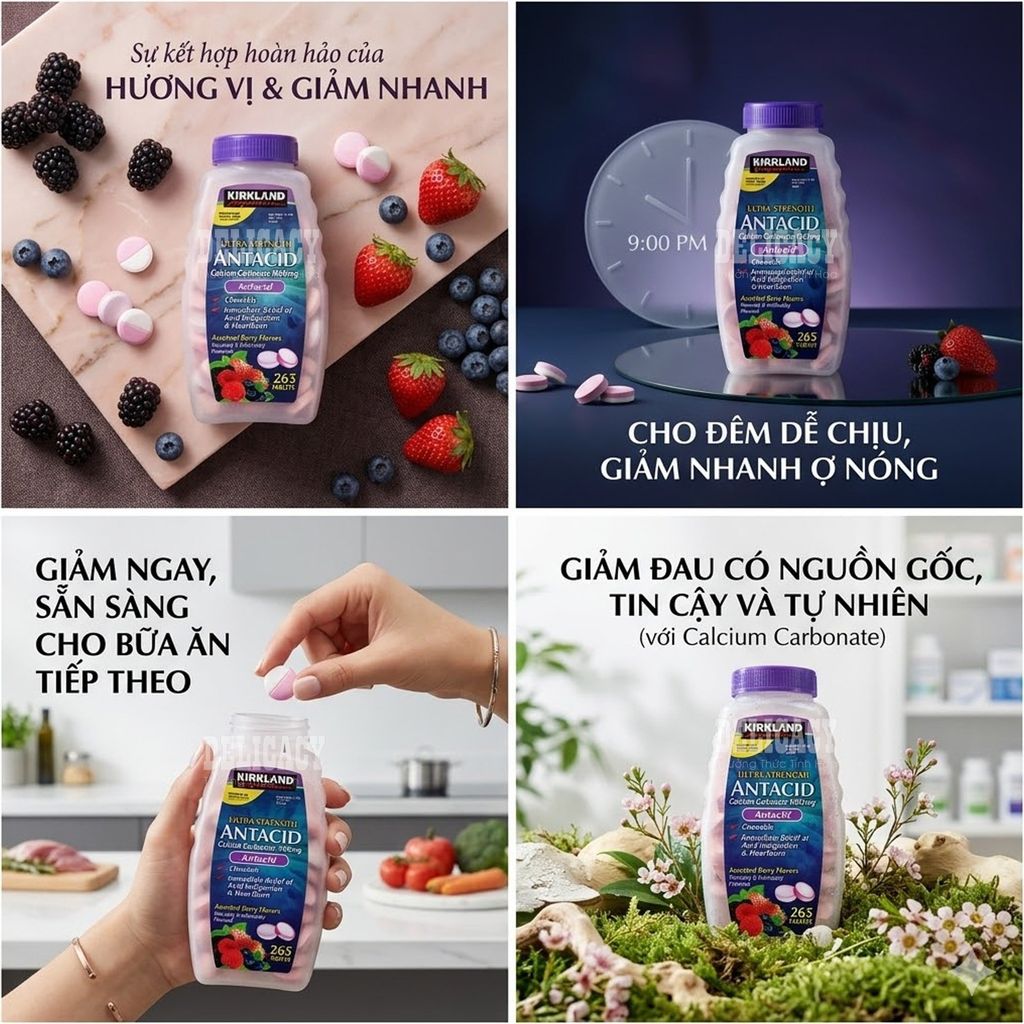 Viên Nhai Hỗ Trợ Giảm Đầy Hơi Antacid Kirkland 265 Viên (Set 2 Hủ)
