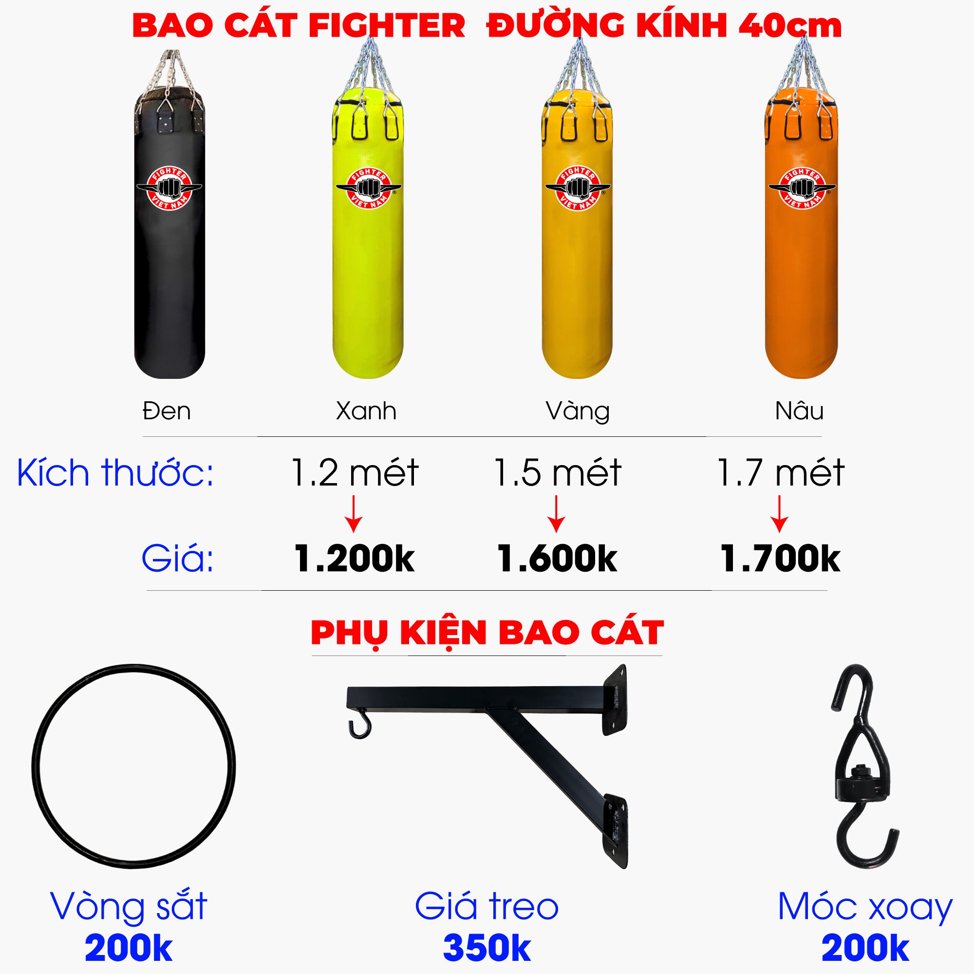 Bao Cát Fighter Cao Cấp, đường kính 40cm (1.2m, 1.5m, 1.7m)