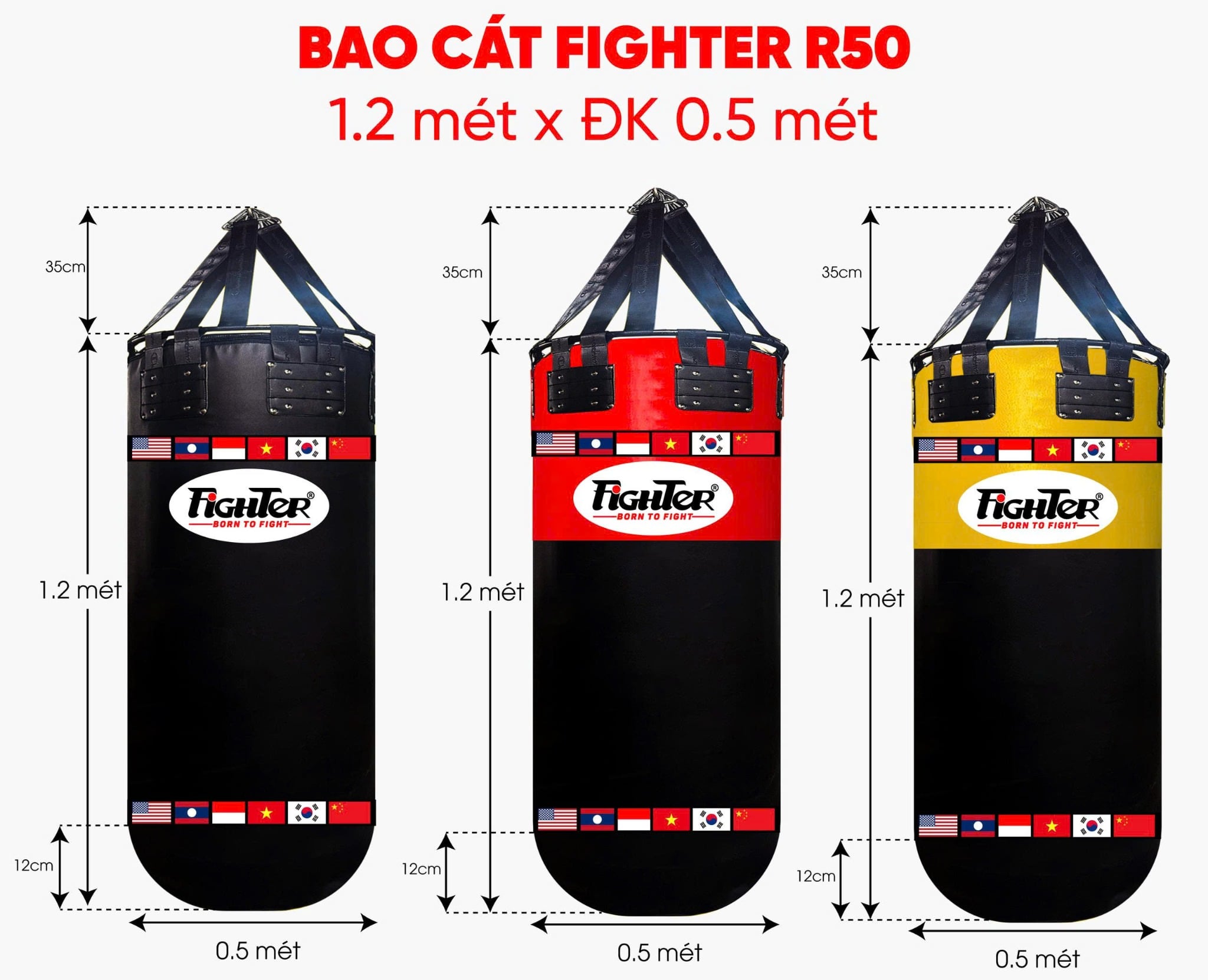 Bao cát Fighter R50, đường kính 0.5 mét (đen, đỏ, vàng)