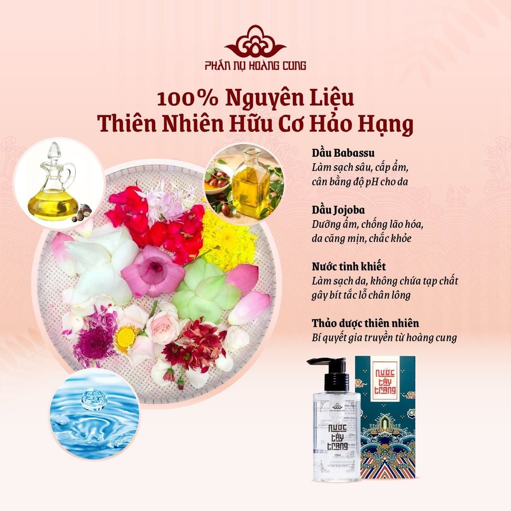 Combo Dịu Nhẹ Khởi Đầu – Nước Tẩy Trang Không Cồn + Gel Rửa Mặt Thiên Nhiên Phấn Nụ Hoàng Cung 120ml