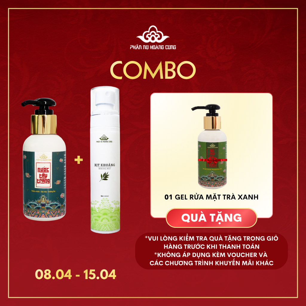 Combo Sáng khỏe Phấn Nụ Hoàng Cung (Tẩy trang + Xịt khoáng Tặng Gel rửa mặt trà xanh)