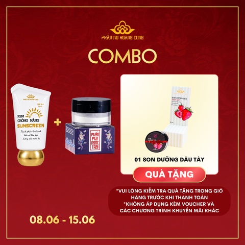 Combo Đẹp Sáng Ngời Phấn Nụ Hoàng Cung (1 Kem Chống Nắng 40g + 1 Phấn Phủ 25g Tặng 1 Son Môi Dâu Tây)