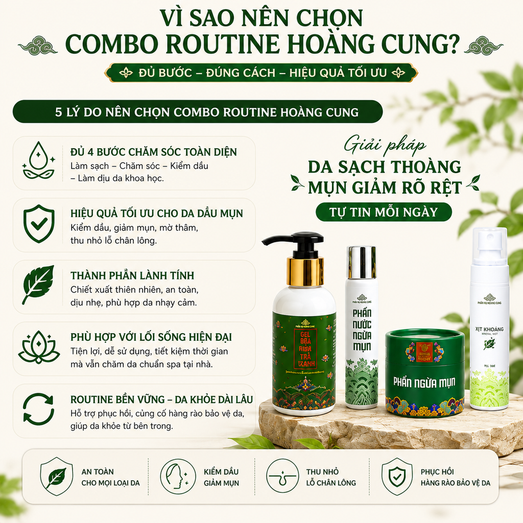 Liệu Trình Giảm Mụn Cho Da Dầu Mụn Phấn Nụ Hoàng Cung (Gel Trà Xanh+Phấn Nước Ngừa Mụn+Phấn Mụn tặng 1 Xịt Khoáng)