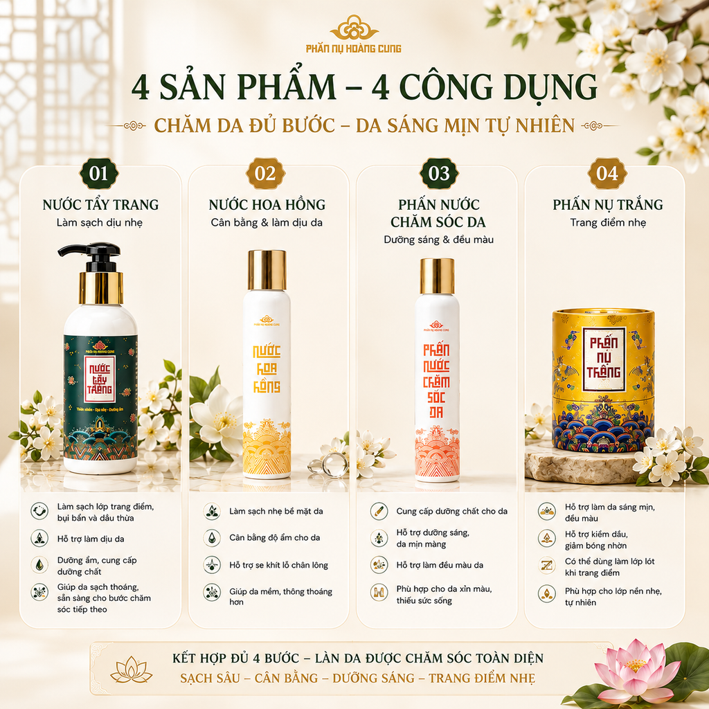 Liệu Trình Mặt Hoa Da Phấn Phấn Nụ Hoàng Cung (Phấn Nụ+Phấn Nước Chăm Sóc Da+Nước Hoa Hồng tặng 1 Nước Tẩy trang)