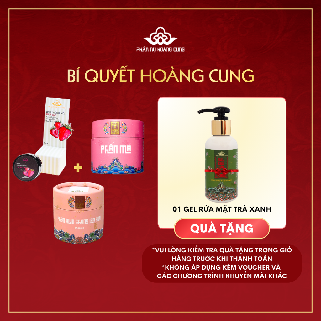 Combo Đẹp Hoàng Cung Phấn Nụ Hoàng Cung (Má Hồng 25g + Son dâu + Phấn Nén Da) tặng Gel Rửa Mặt Trà Xanh