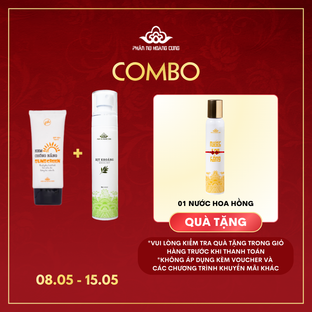 Combo Dịu Mát Mùa Hè Phấn Nụ Hoàng Cung (Kem Chống Nắng + Xịt Khoáng tặng 1 Nước Hoa Hồng )