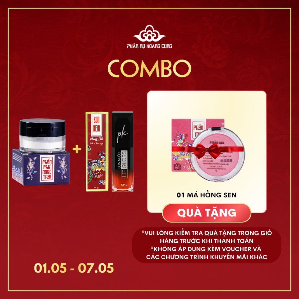 Combo Phấn Son Phấn Nụ Hoàng Cung (Phấn phủ 25g + Son Kem PK Đỏ tặng 1 Má Hồng Sen 5g)