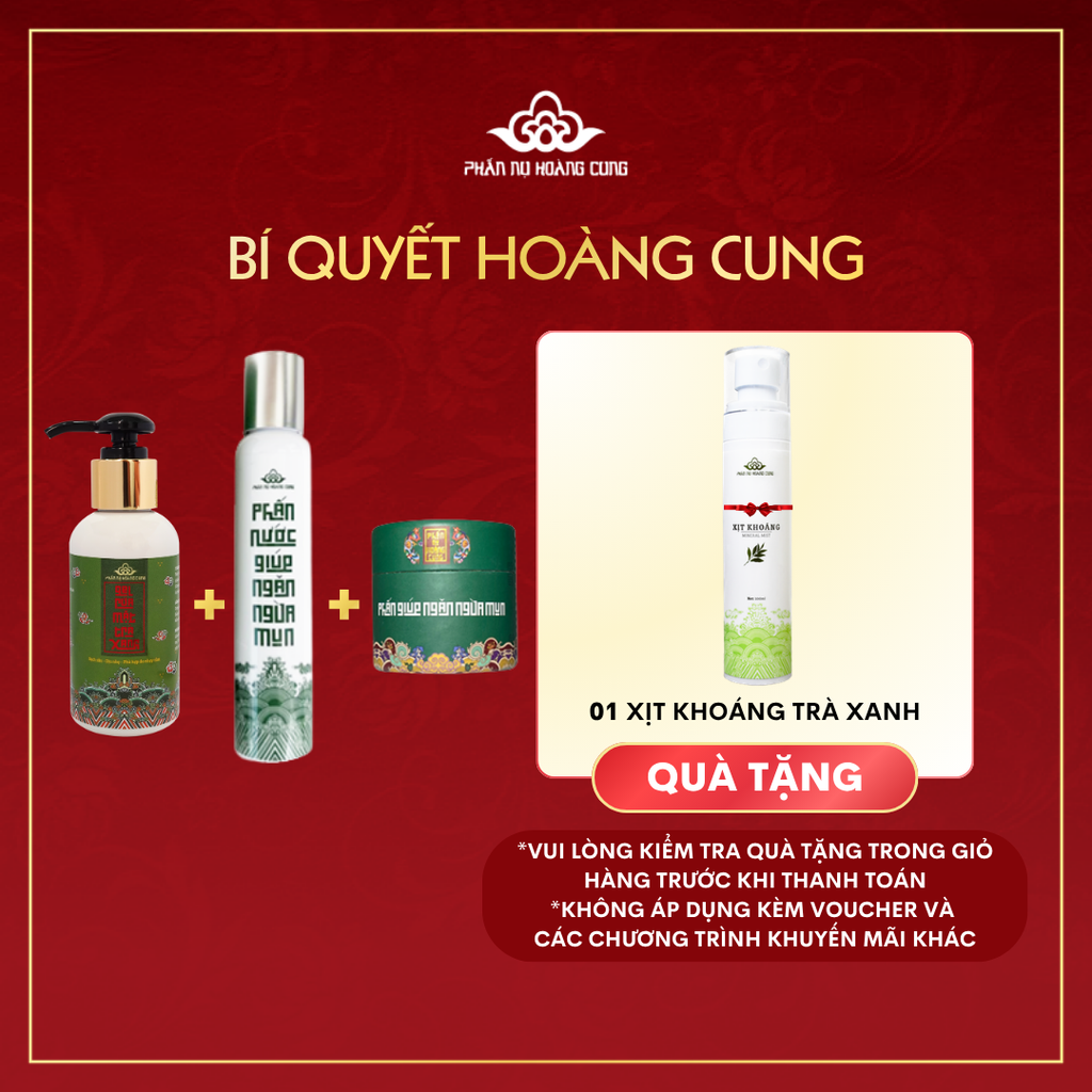 Liệu Trình Giảm Mụn Cho Da Dầu Mụn Phấn Nụ Hoàng Cung (Gel Trà Xanh+Phấn Nước Ngừa Mụn+Phấn Mụn tặng 1 Xịt Khoáng)