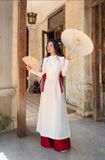  W - Áo dài Joyus trắng khoét vai đính nơ đỏ quần đỏ JOYUS 