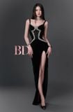  Váy đen dài đính đá 2 bên ngực và xẻ đùi BANDAGE DRESS 