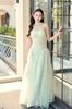 Cho thuê váy xanh mint dài lưới mỏng chéo vai kèm choàng JOSEPHINE đi đám cưới đẹp
