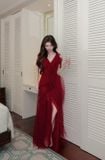  Váy đỏ Red Ruffle dài cổ chữ v XYBYMY XY 