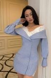 Váy sọc xanh ngắn cổ chữ V phối ren KEIRA TONG 