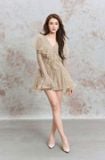  Váy nâu ngắn cổ V bèo dài tay DENIO 