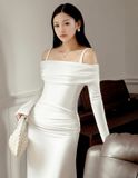  Váy body trắng 2 dây to tay dài CHATS 