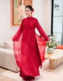  W - Áo dài đỏ voan đính kết hoa HỒNG ÂN  XÉO XỌ 