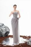  Váy xanh dương ESTA phần ngực xếp ly tà váy phối lụa BYDI 