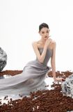  Váy xanh dương ESTA phần ngực xếp ly tà váy phối lụa BYDI 