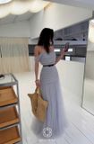  Váy xanh dài bẹt vai có nơ ngay eo JOSEPHINE 
