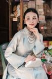  W - Áo dài LAM KHUÊ hoạ tiết hoa xanh MAISON HAVU 