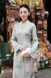  W - Áo dài LAM KHUÊ hoạ tiết hoa xanh MAISON HAVU 