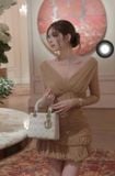  Váy nâu ngắn tay dài cổ chữ V ôm body DATT 