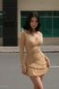 Cho thuê váy nâu ngắn tay dài cổ chữ V ôm body DATT đi chơi đẹp