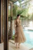  Váy nâu dài đính nơ ngay bụng XYBYMY XY 