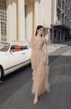  Váy nâu dài phối lưới bẹt vai KMOSET 